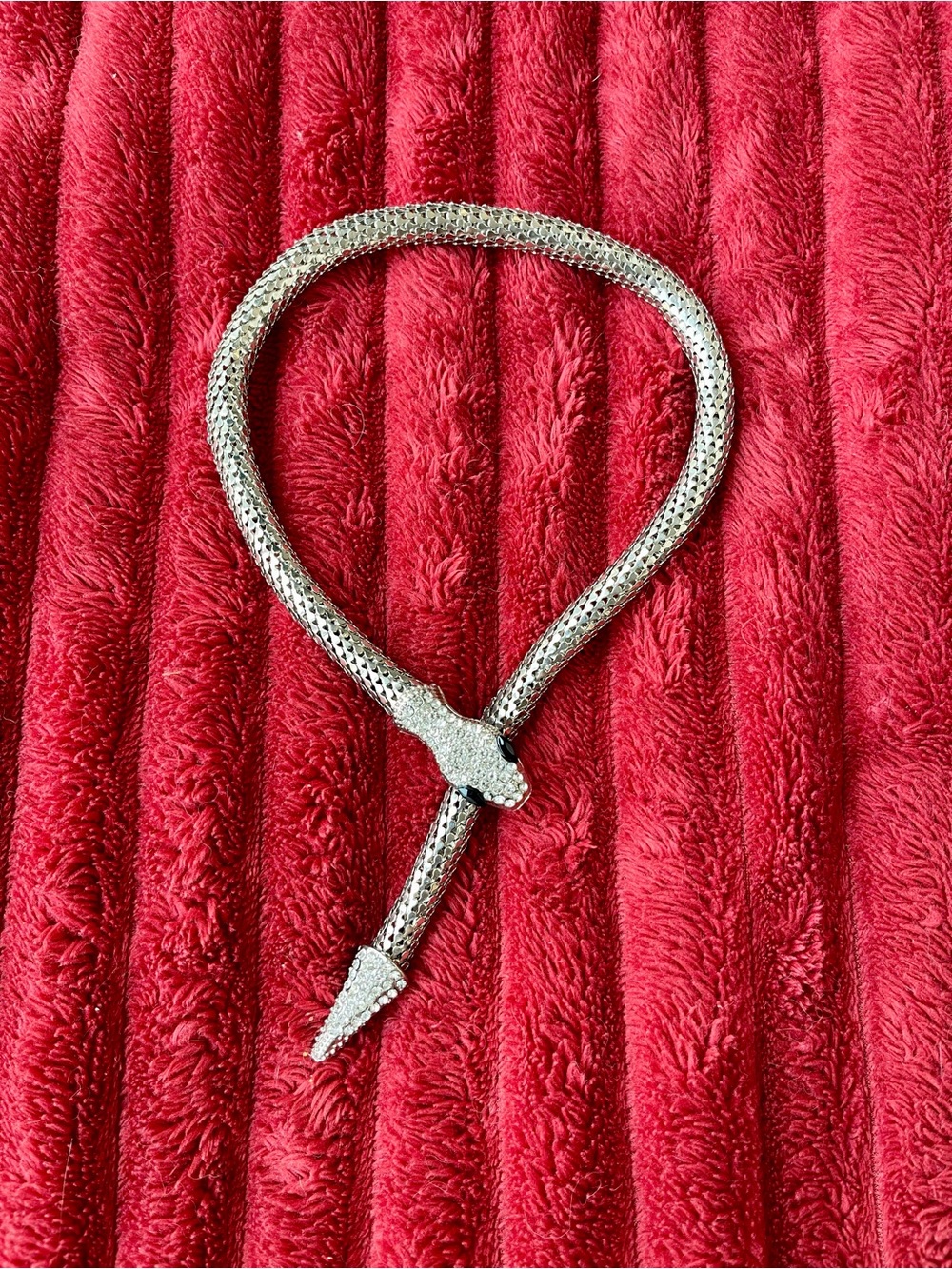 Silver-Tone Snake Chain Necklace with Rhinestone Head